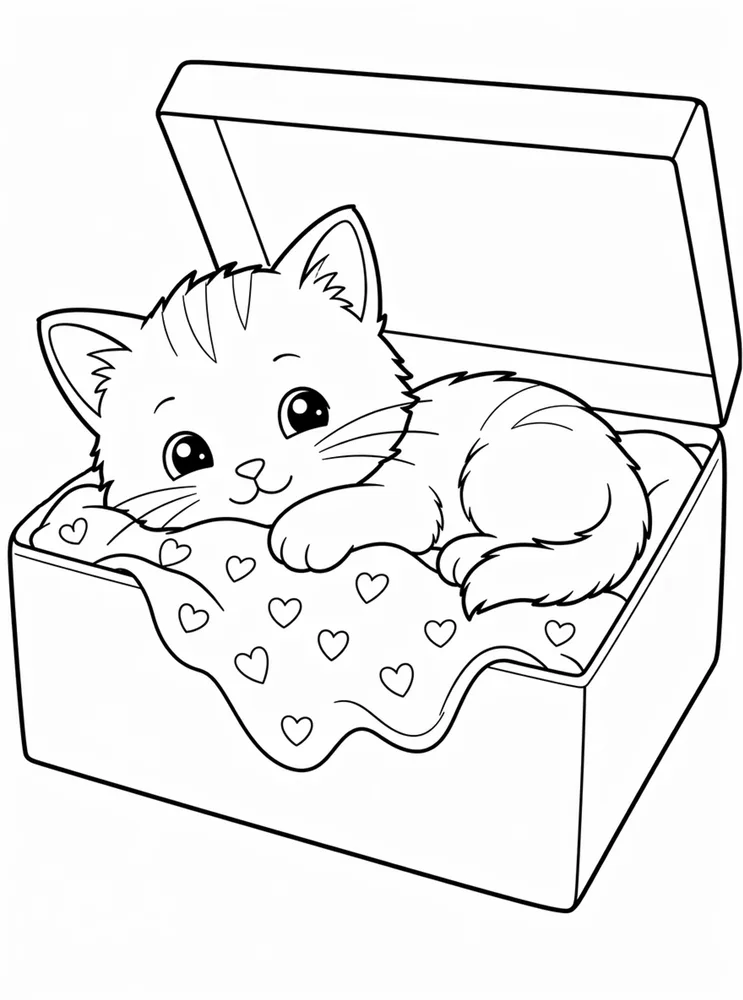 Cat Coloring Pages preview: Printable kitty cat coloring page showing a kitten napping in a shoe box with a blanket