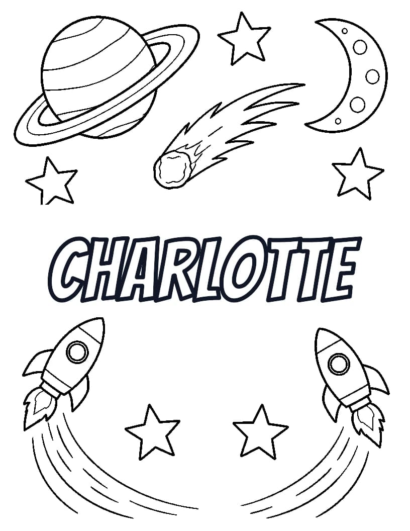 Charlotte name coloring page with rockets, planets, a moon, comet, and stars