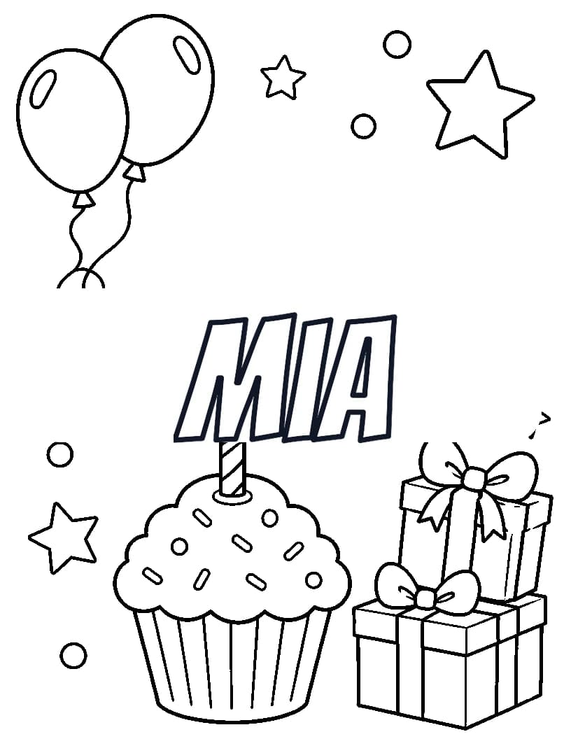Mia name coloring page with balloons, cupcake, gifts, and confetti
