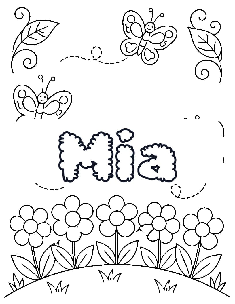 Mia name coloring page with butterflies and a flower garden