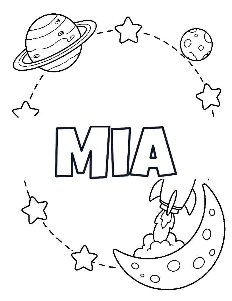 Mia name coloring page with a rocket, moon, planets, and stars