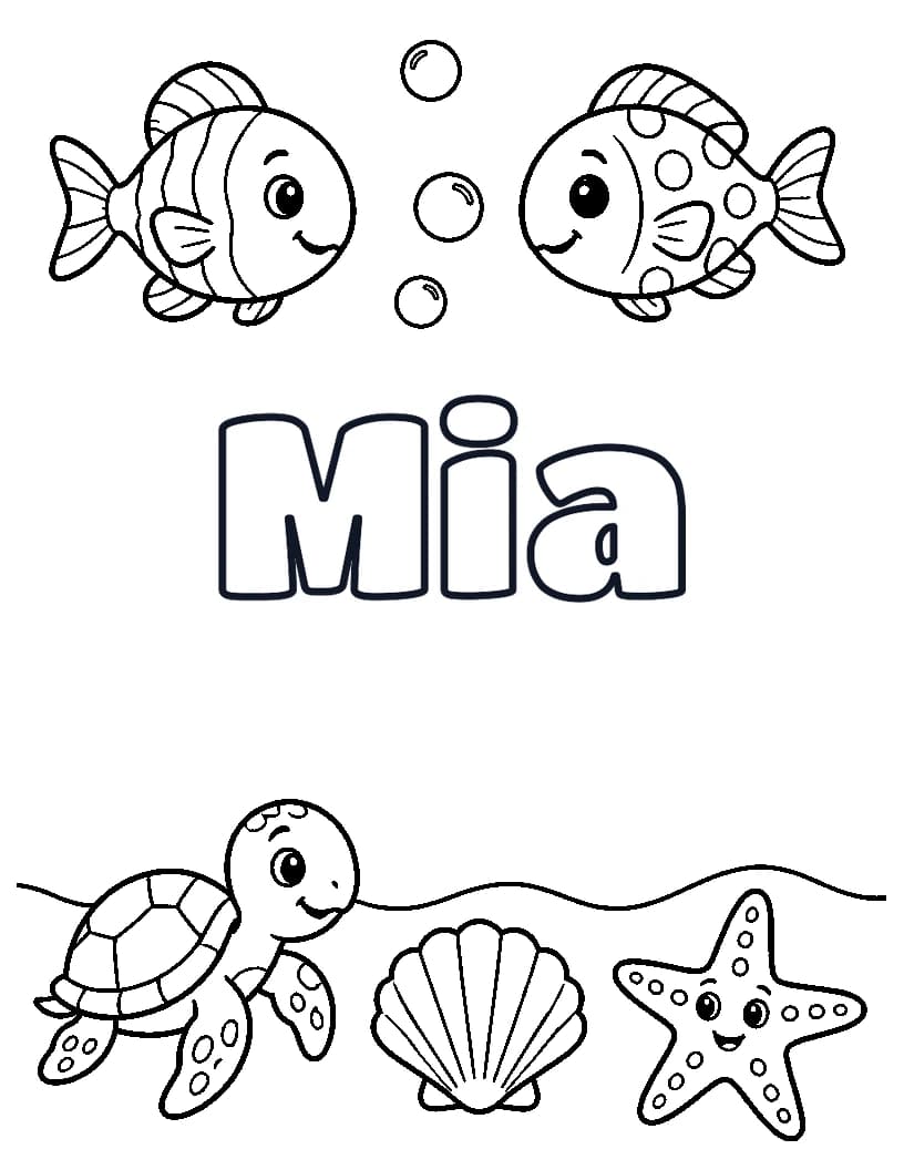 Mia name coloring page with fish, a sea turtle, shell, and starfish