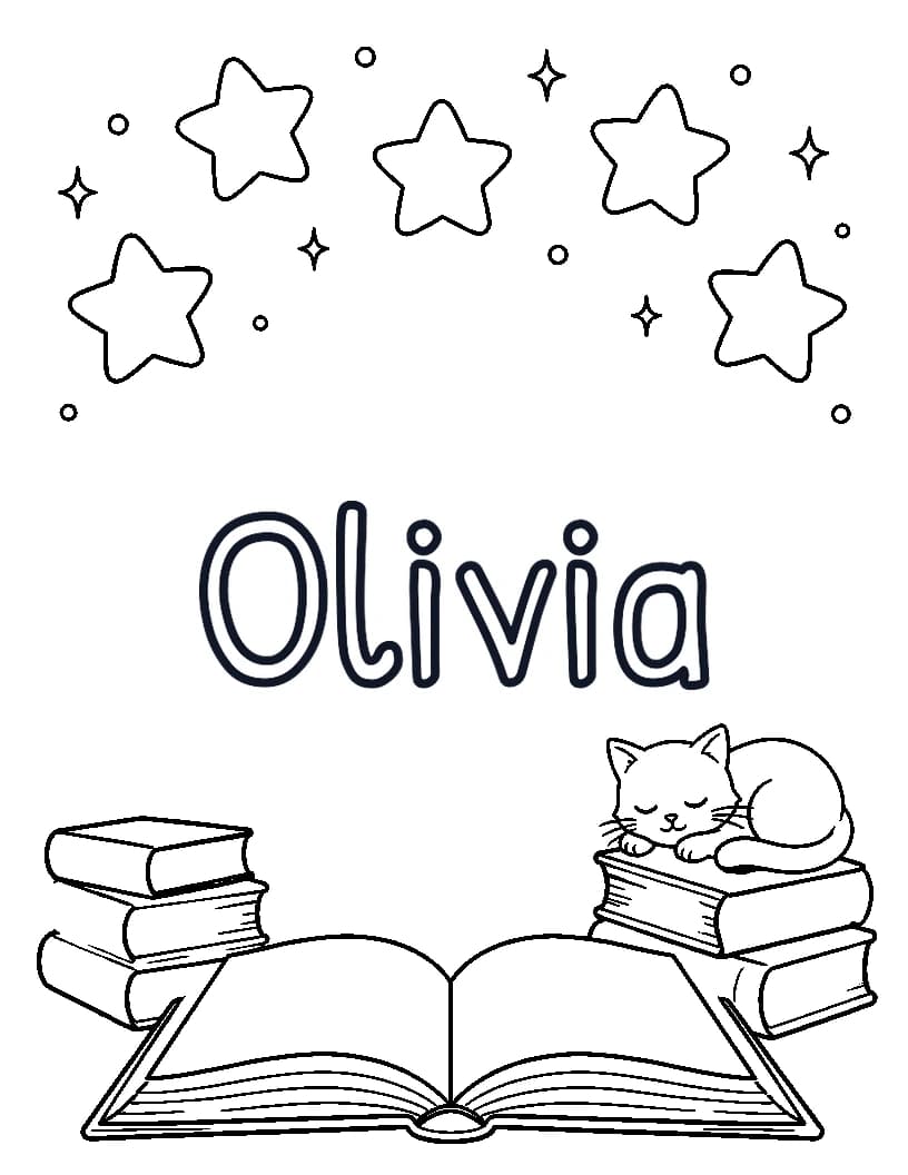 Olivia name coloring page with books, a sleeping cat, and stars