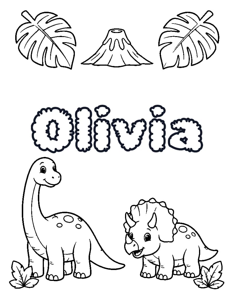 Olivia name coloring page with friendly dinosaurs, leaves, and a volcano