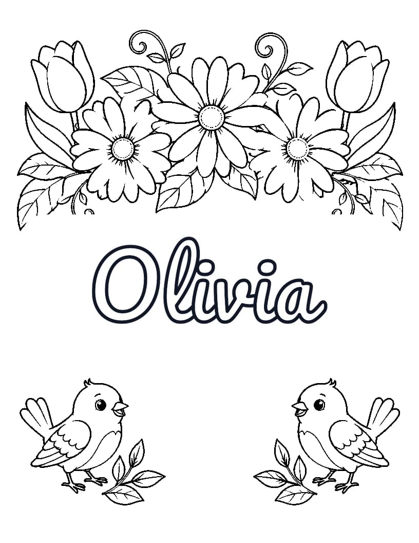 Olivia name coloring page with a flower crown, leaves, and birds