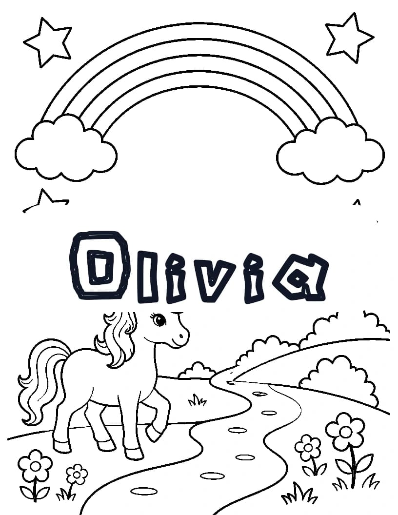 Olivia name coloring page with a unicorn, rainbow, clouds, and stars