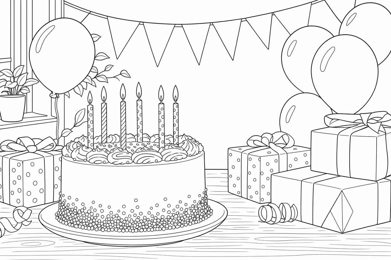 A printable coloring page generated from a birthday cake photo
