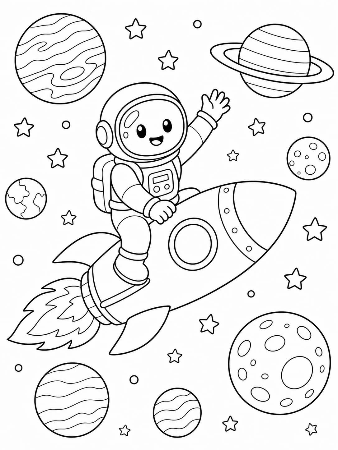 Cute astronaut riding a rocket printable coloring page generated from a text prompt