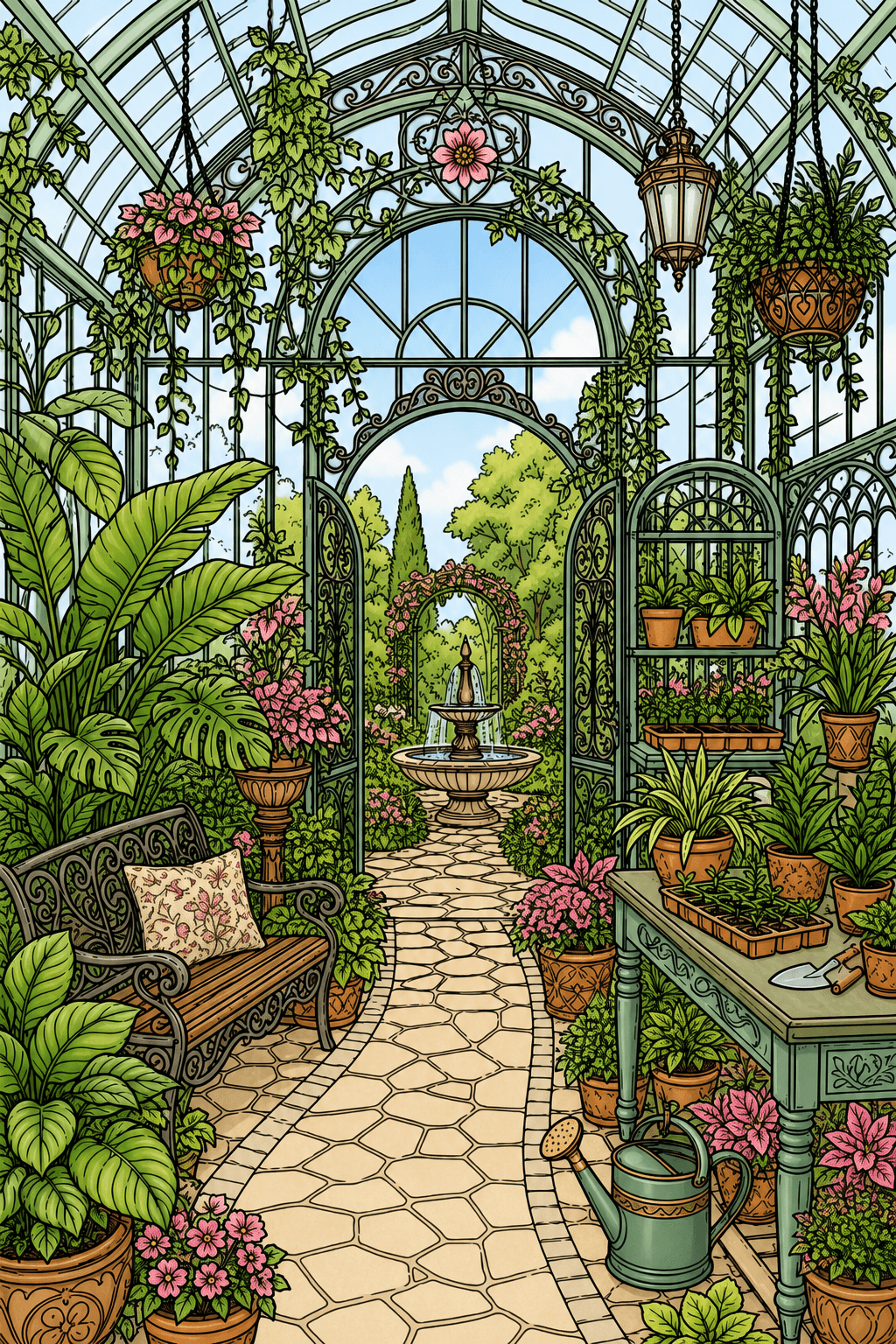 Ornate Greenhouse with Fountain and Garden Path clean-digital colorized preview