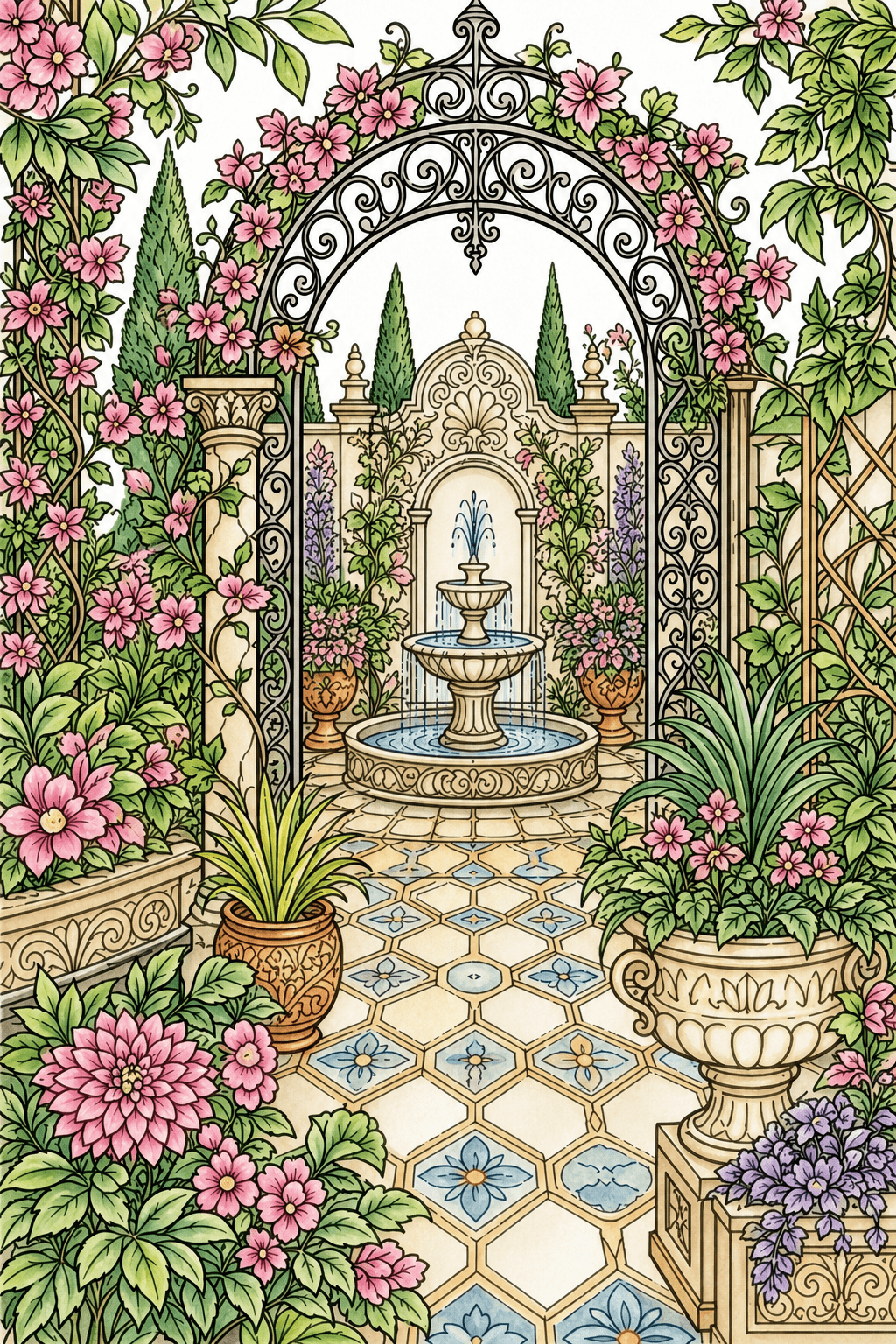 Intricate Botanical Courtyard Coloring Page watercolor colorized preview