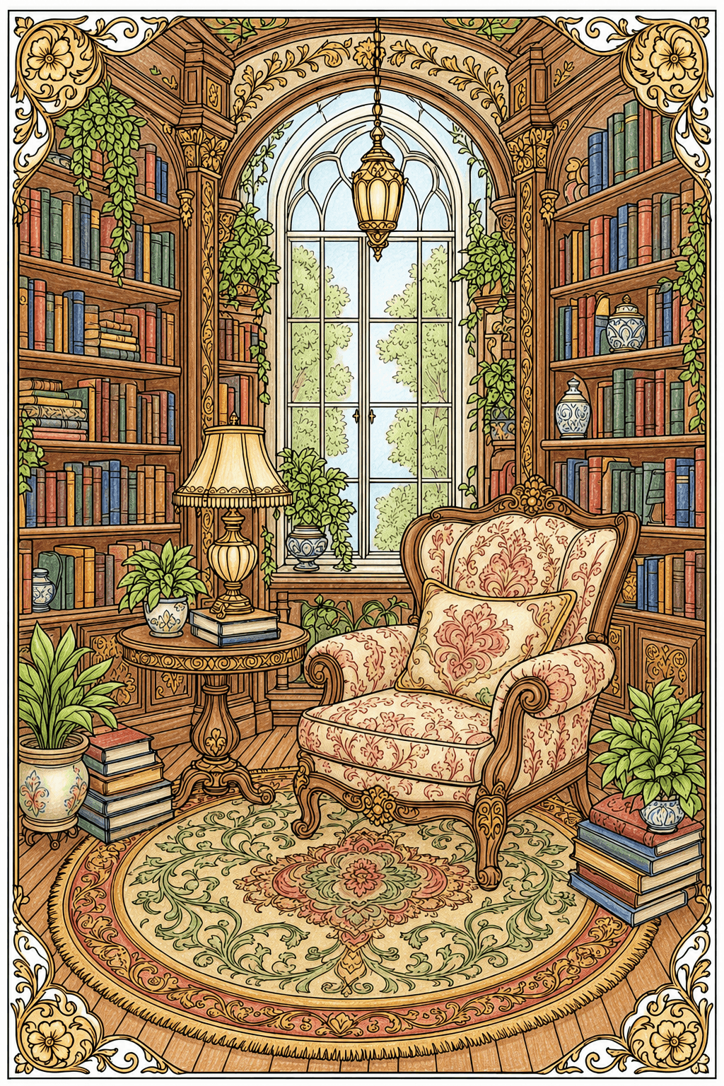 Ornate Library Reading Nook colored-pencil colorized preview