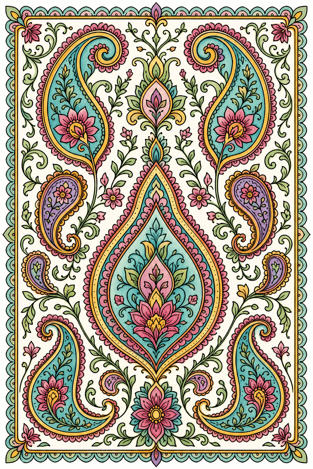 Symmetrical Floral Paisley Panel watercolor colorized preview