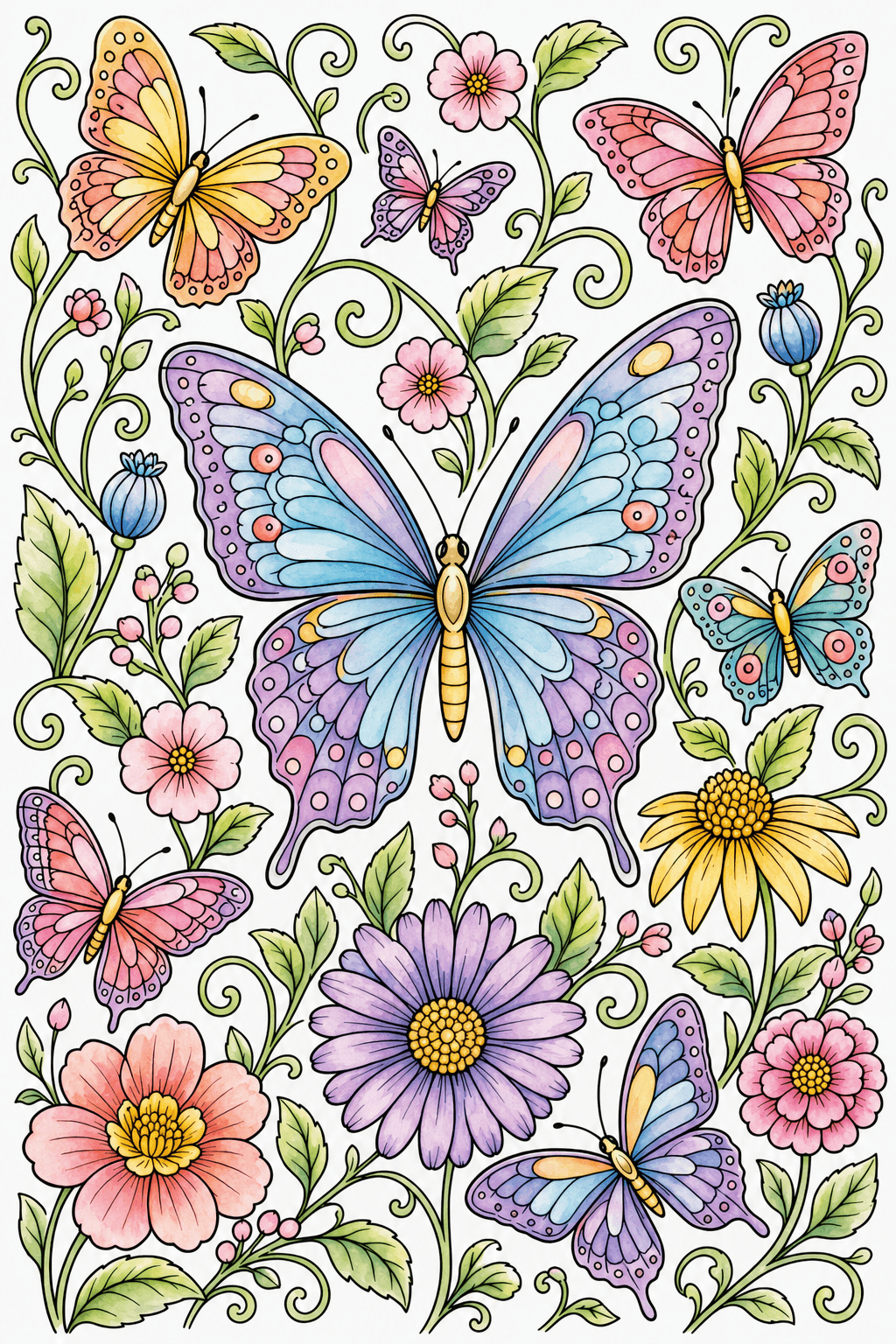 Large Butterfly in a Flower Garden watercolor colorized preview
