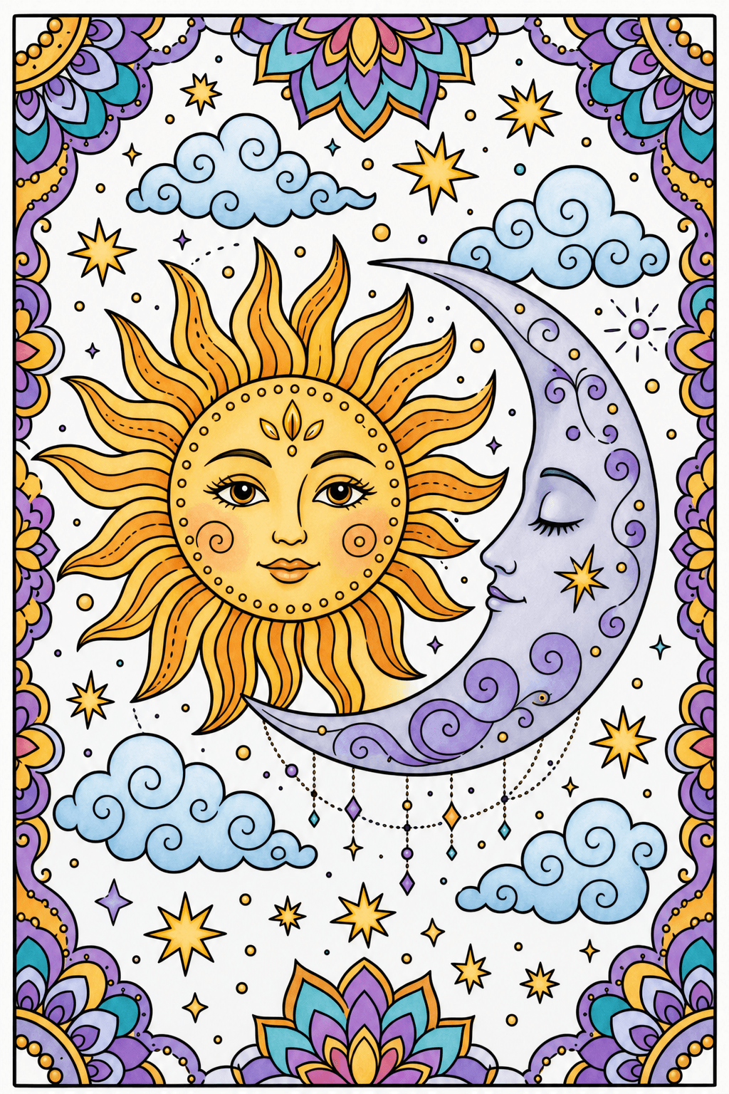 Sun and Crescent Moon Celestial Coloring Page clean-digital colorized preview