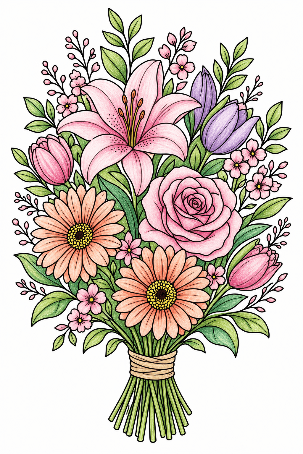 Large Mixed Flower Bouquet colored-pencil colorized preview
