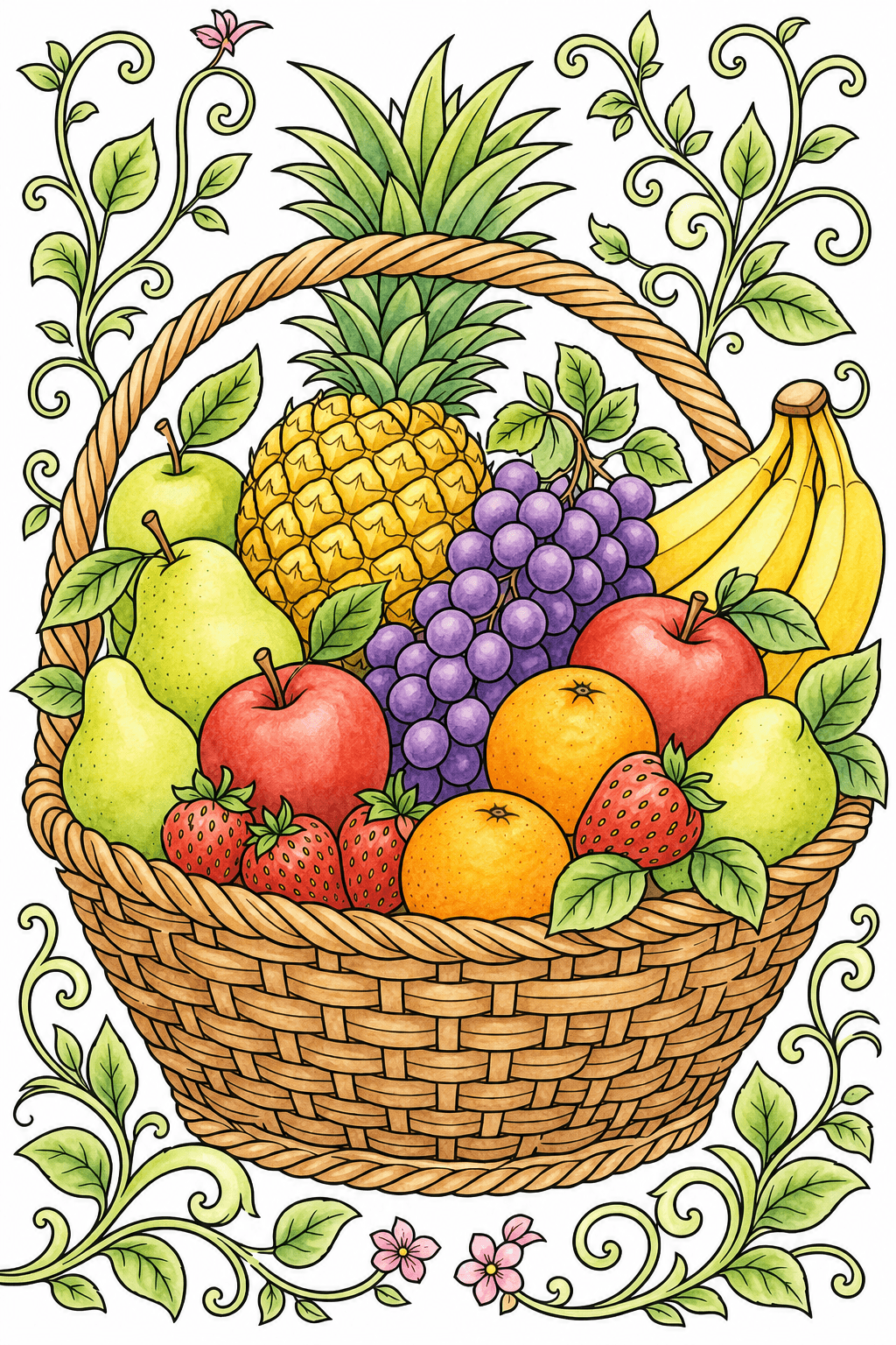 Woven Basket Filled with Fruit watercolor colorized preview
