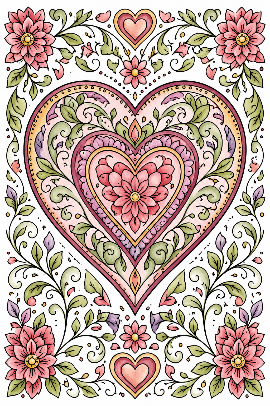 Ornate Heart with Flowers and Vines watercolor colorized preview