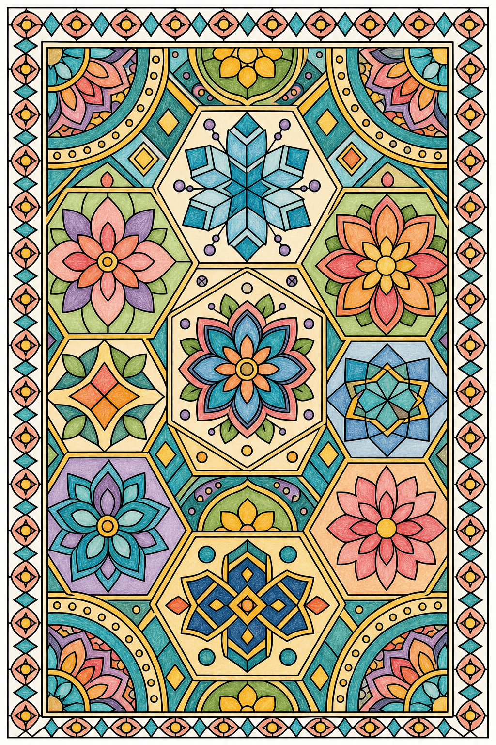 Geometric Floral Tiles colored-pencil colorized preview