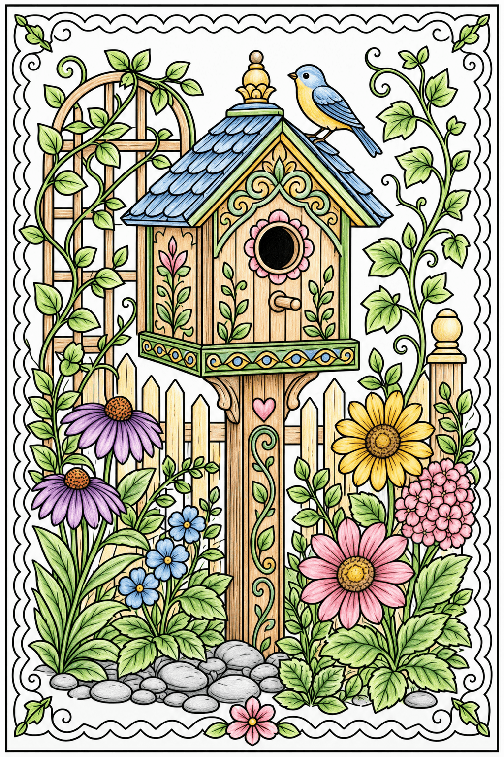 Decorative Birdhouse in a Flower Garden colored-pencil colorized preview