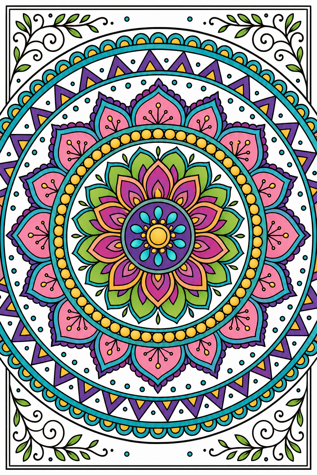 Floral Mandala with Concentric Patterned Rings clean-digital colorized preview