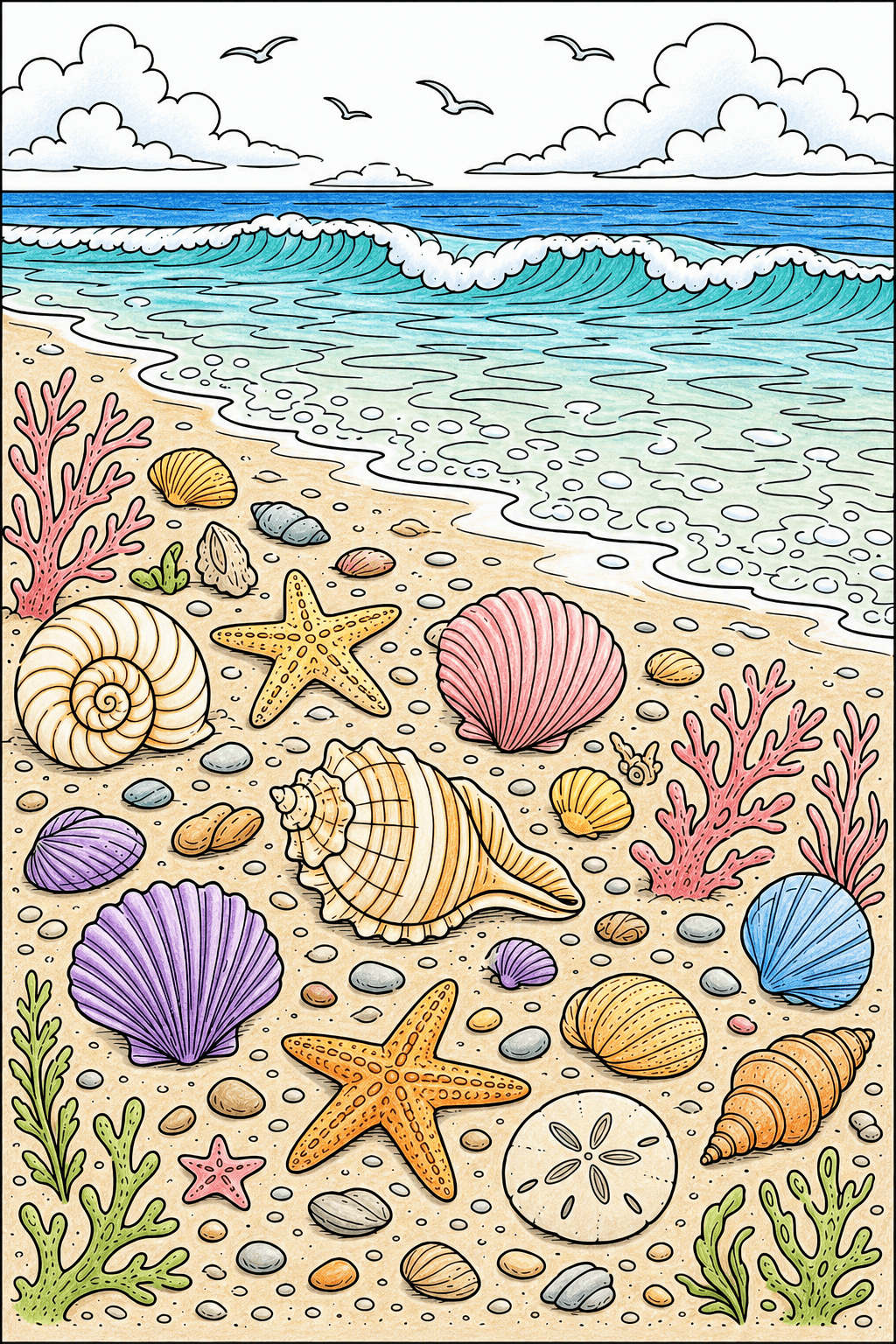 Seashell Beach with Ocean Waves colored-pencil colorized preview