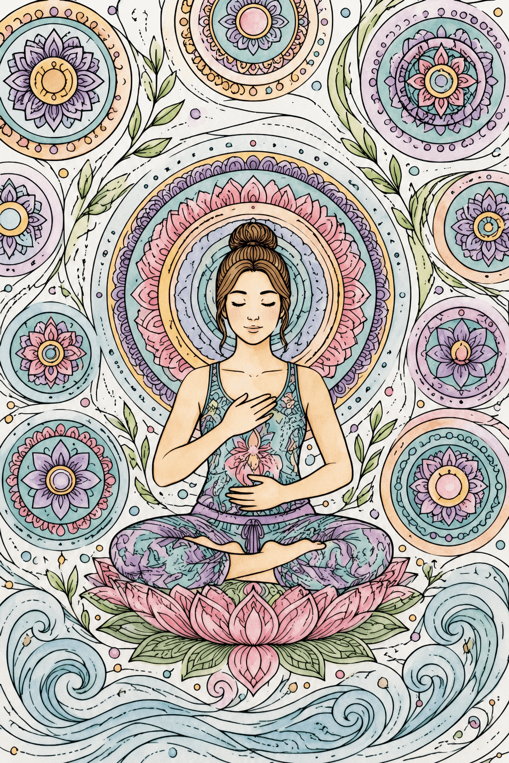 Meditation with Mandala Circles watercolor colorized preview