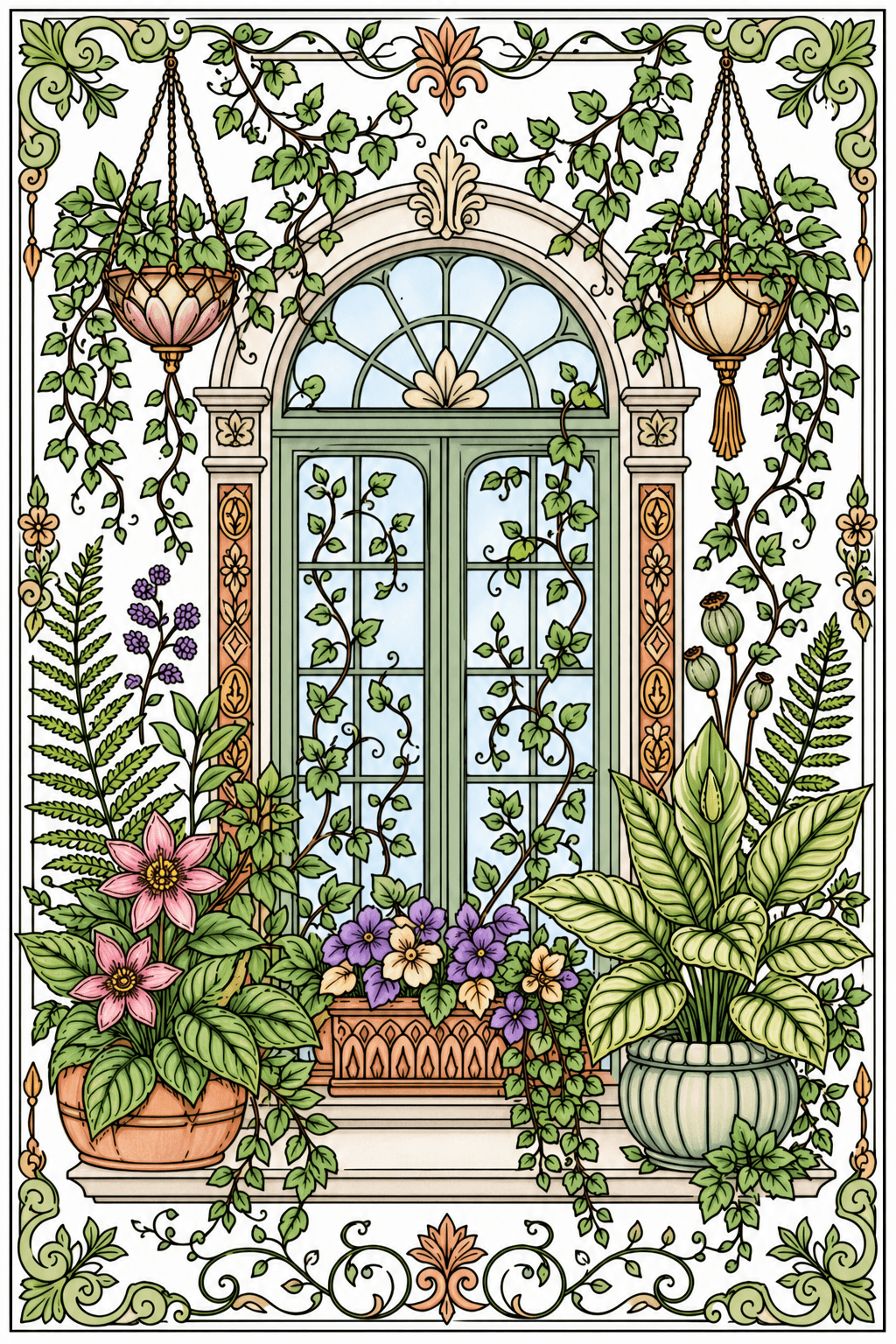 Botanical Window with Hanging Plants clean-digital colorized preview