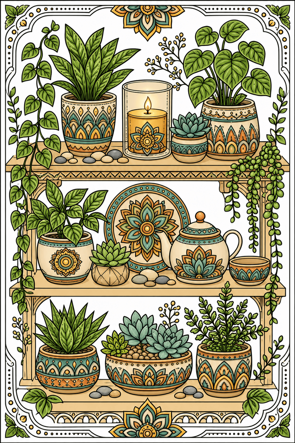 Candle and Houseplant Shelf Coloring Page clean-digital colorized preview