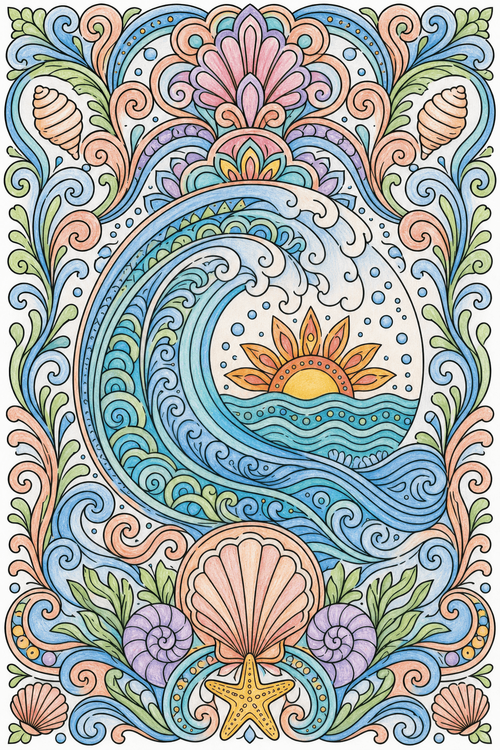 Ocean Wave with Sun and Seashells colored-pencil colorized preview