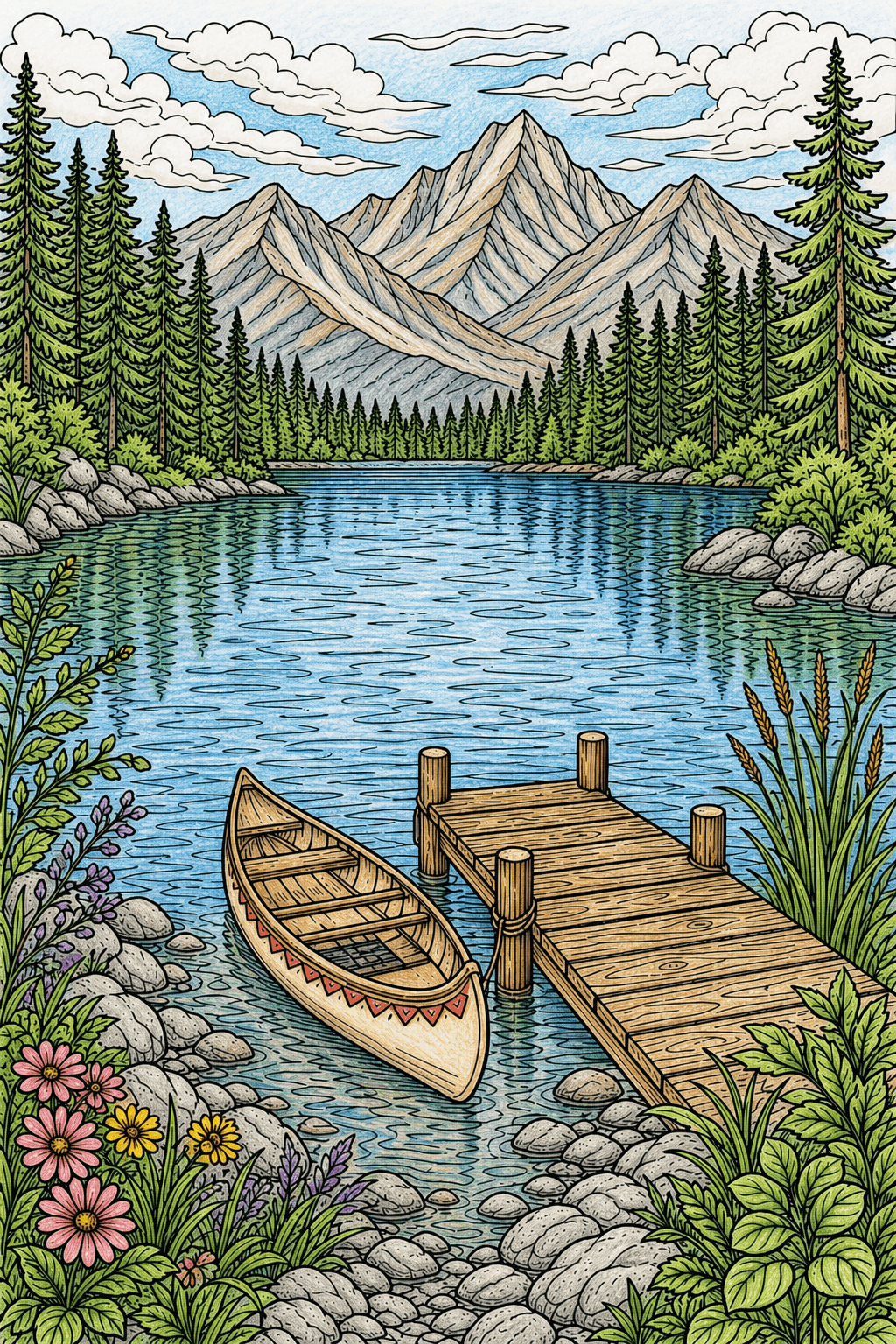 Mountain Lake with a Canoe Beside the Dock colored-pencil colorized preview