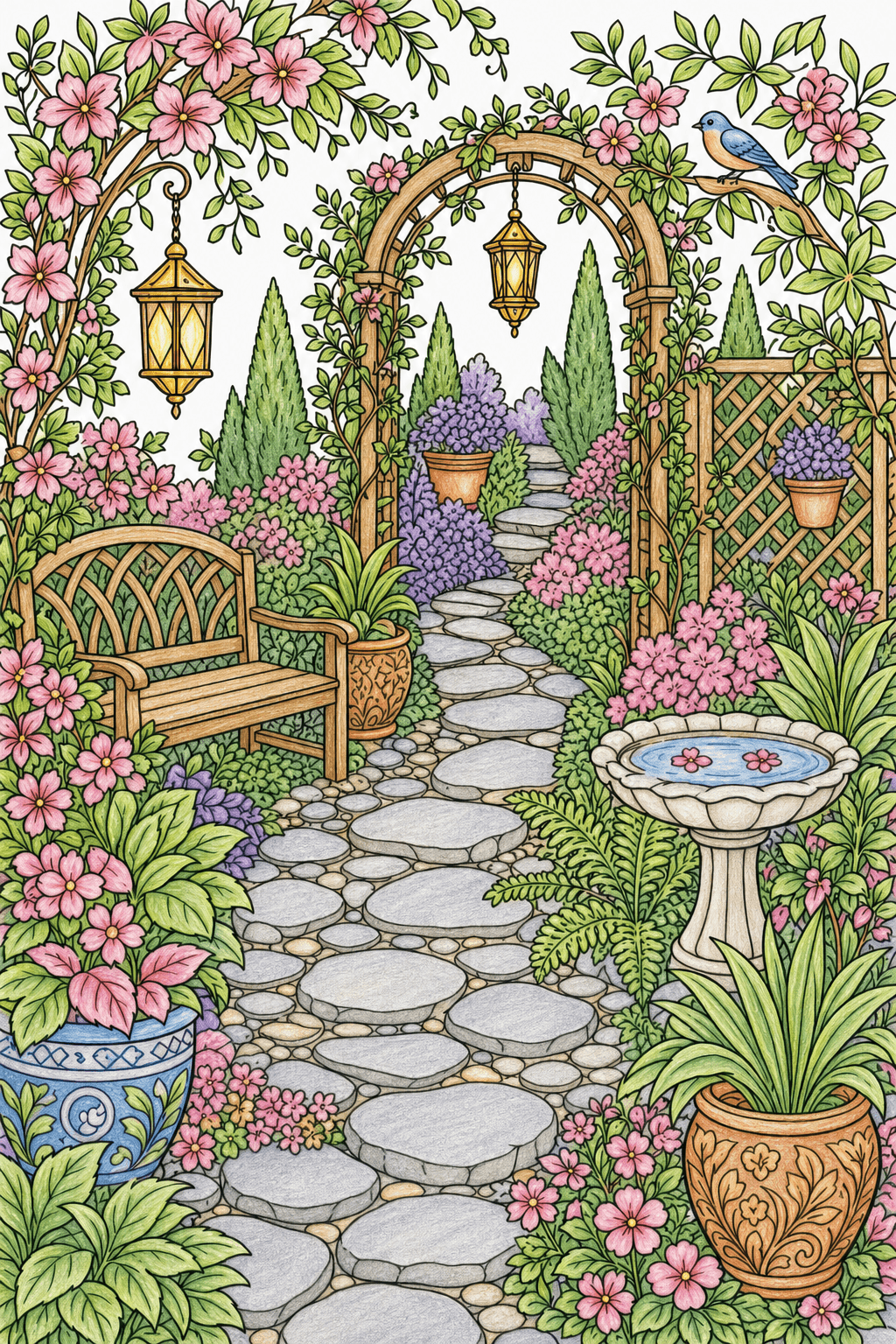 Quiet Garden Path with a Flowering Arbor colored-pencil colorized preview