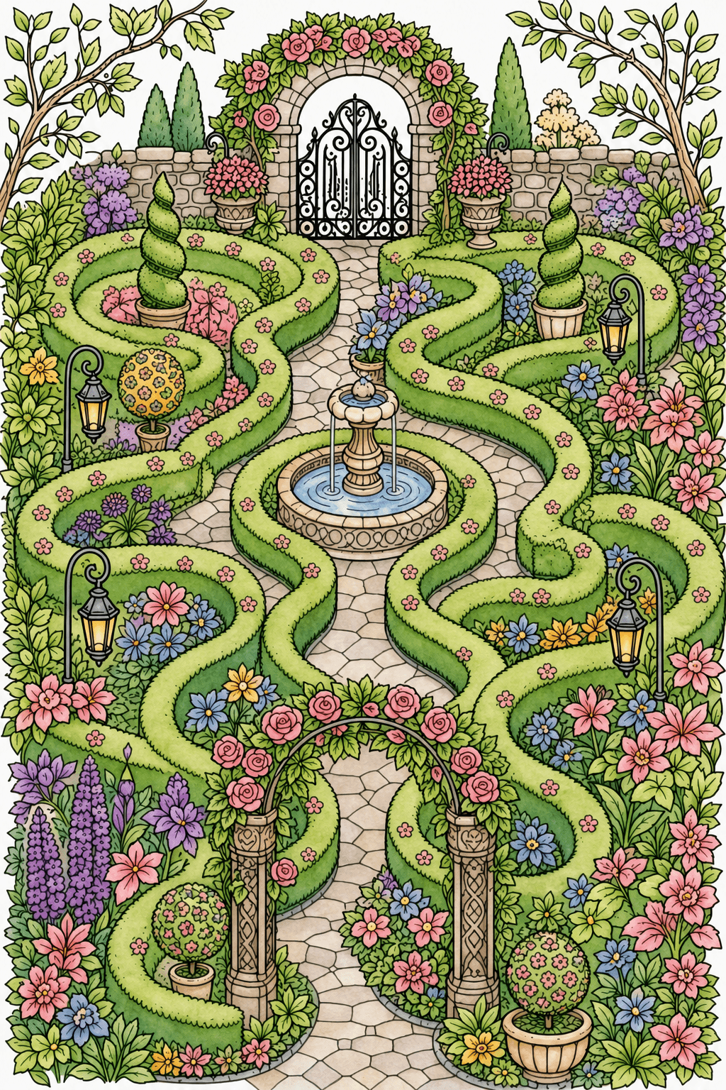 Garden Maze and Fountain Coloring Page watercolor colorized preview