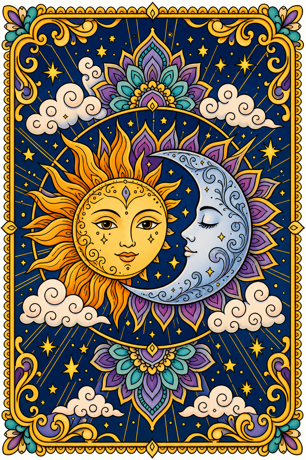 Ornate Sun and Crescent Moon Pattern clean-digital colorized preview