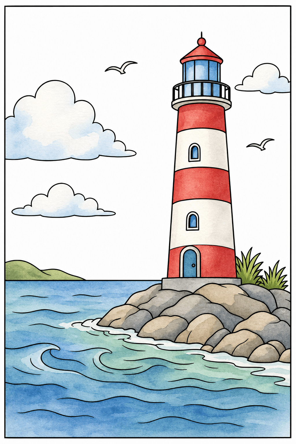Simple Adult Easy Lighthouse Scene watercolor colorized preview