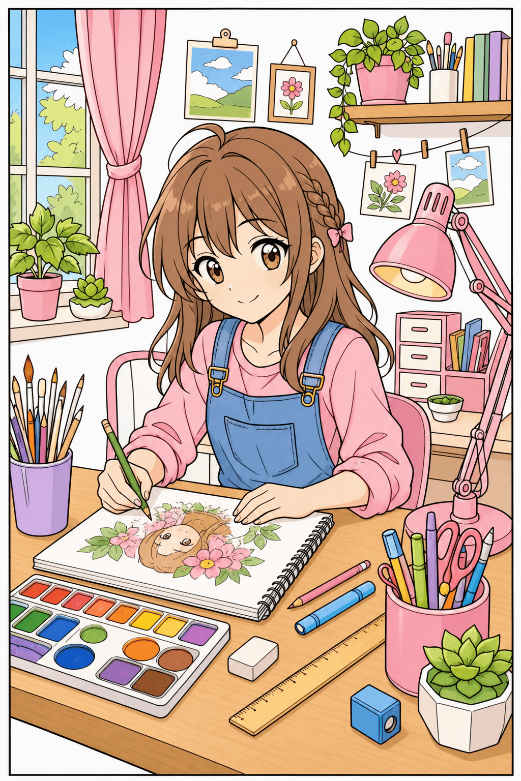 Anime Girl Drawing Flowers at Her Art Desk clean-digital colorized preview