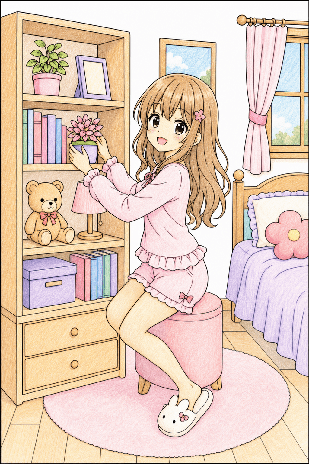 Anime Girl Arranging a Plant on Her Bookshelf colored-pencil colorized preview