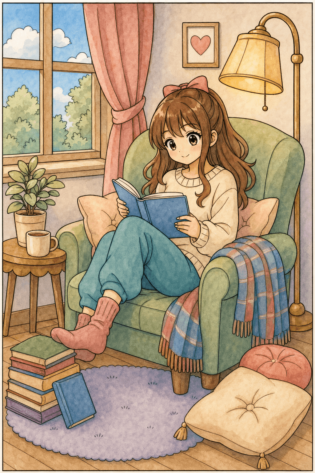 Anime Girl Reading in a Cozy Armchair watercolor colorized preview