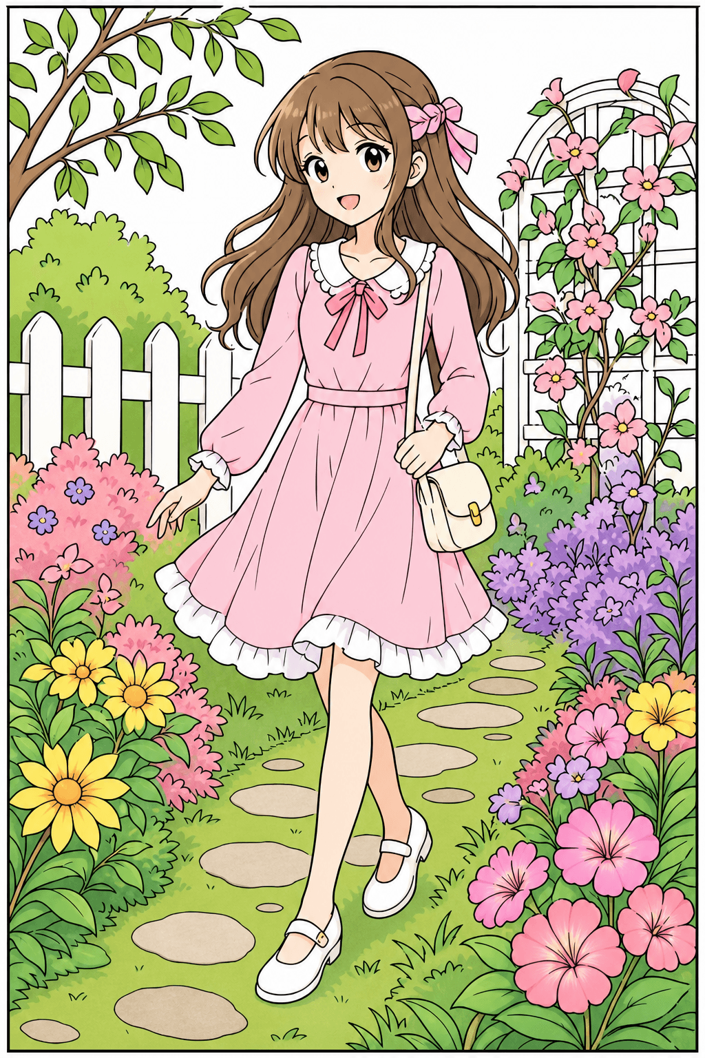 Anime Girl Walking Through a Flower Garden clean-digital colorized preview