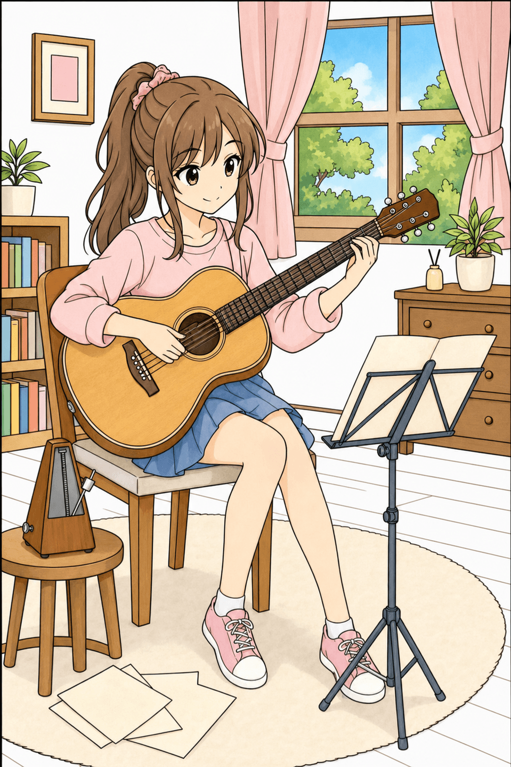 Anime Girl Practicing Guitar with a Music Stand storybook colorized preview