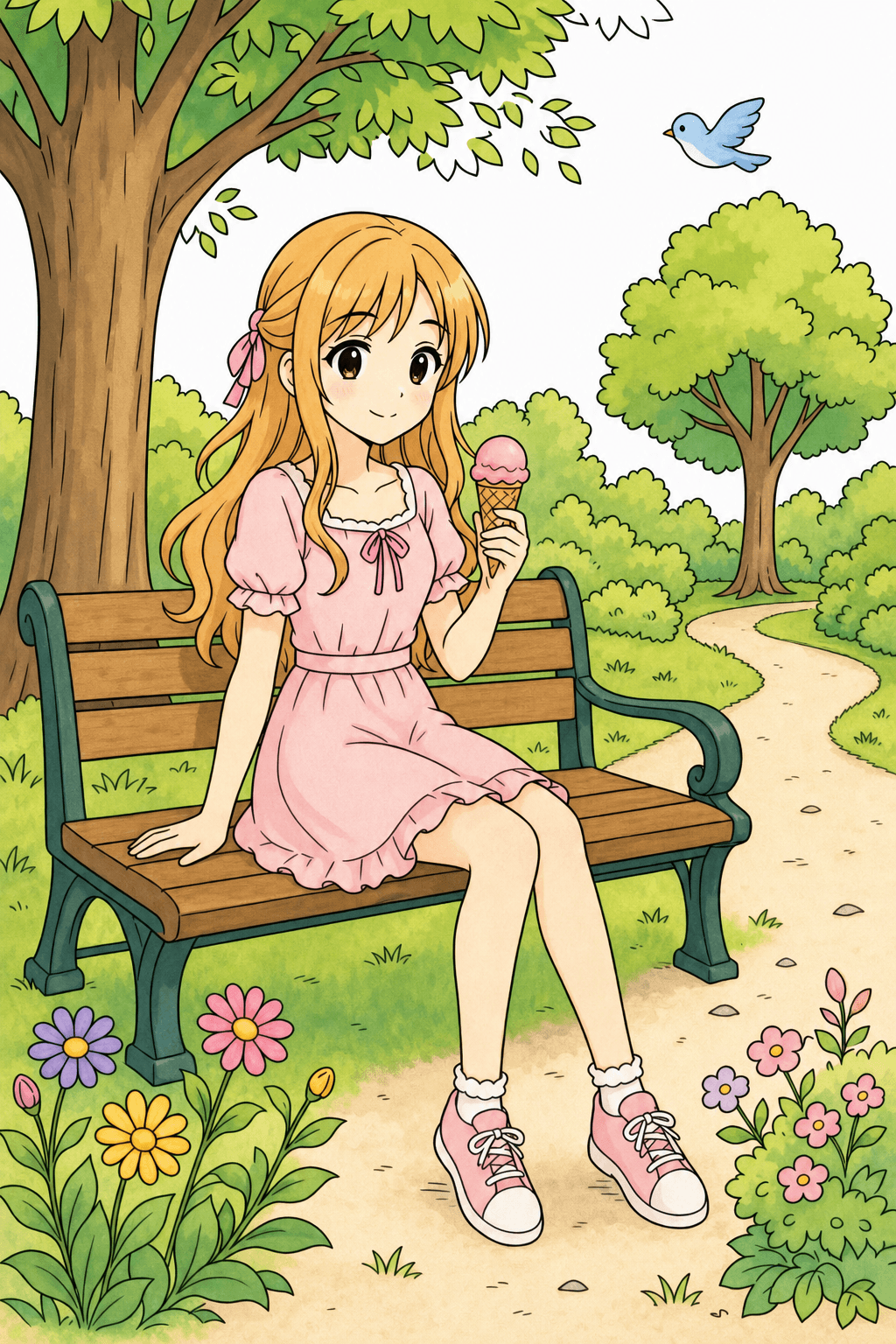 Anime Girl with Ice Cream on a Park Bench storybook colorized preview
