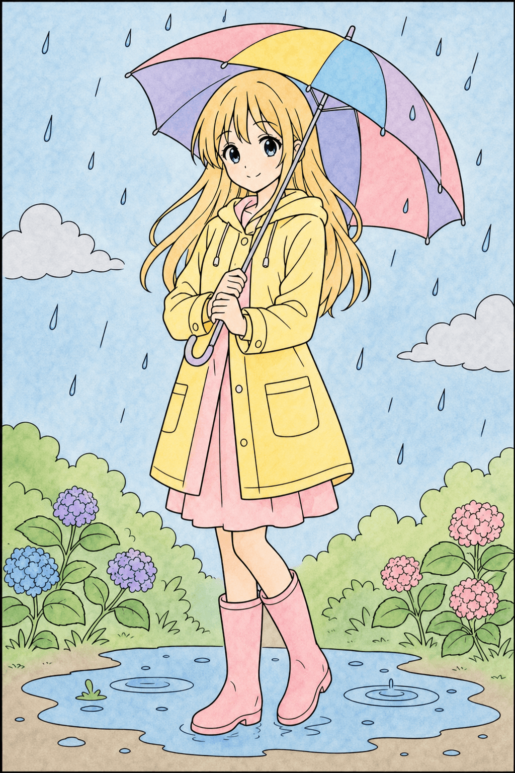 Anime Girl Holding an Umbrella in the Rain watercolor colorized preview