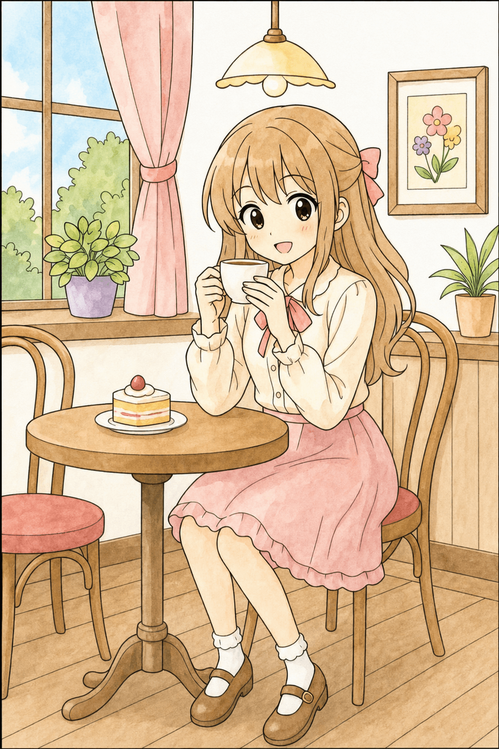 Anime Girl Having Tea and Cake at a Cafe watercolor colorized preview