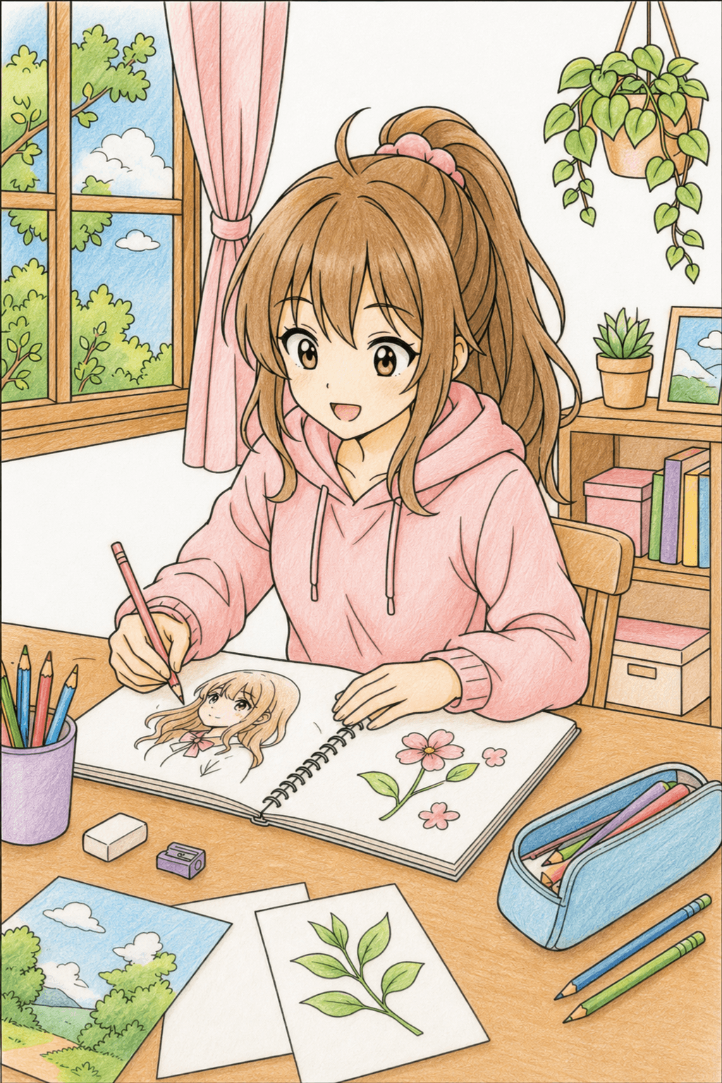 Anime Girl Drawing in Her Sketchbook colored-pencil colorized preview