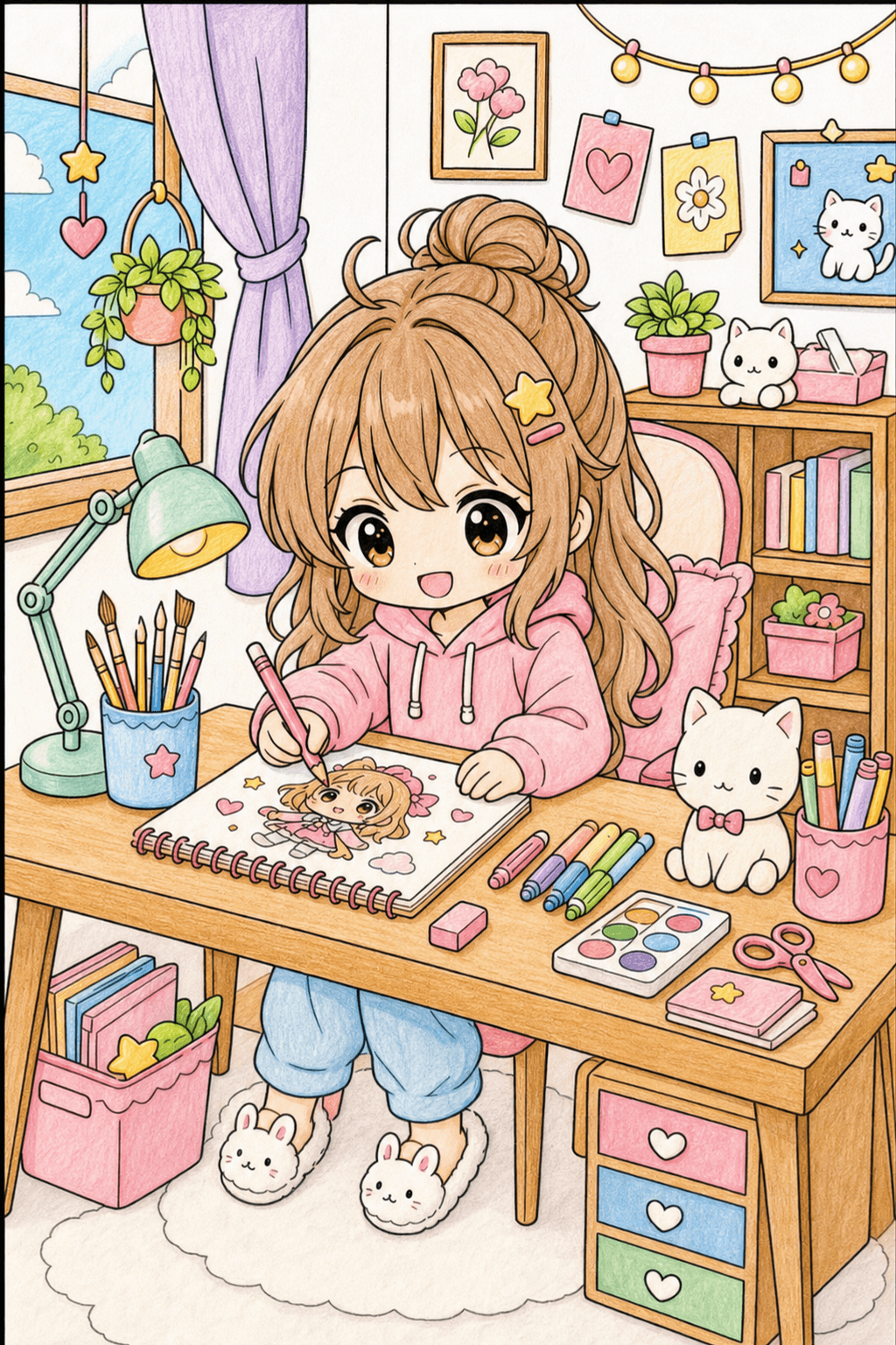 Chibi Girl Drawing at Her Art Desk colored-pencil colorized preview