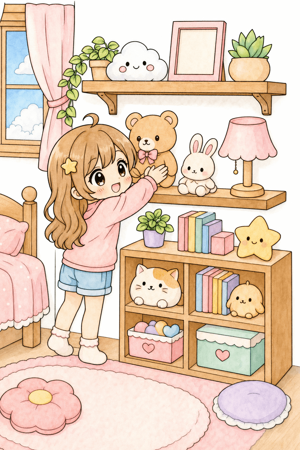 Chibi Girl Arranging Toys on a Bedroom Shelf watercolor colorized preview