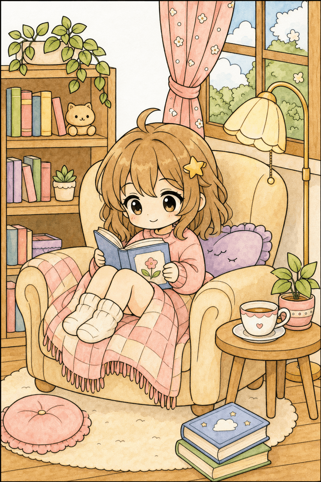 Chibi Child Reading in a Cozy Armchair watercolor colorized preview
