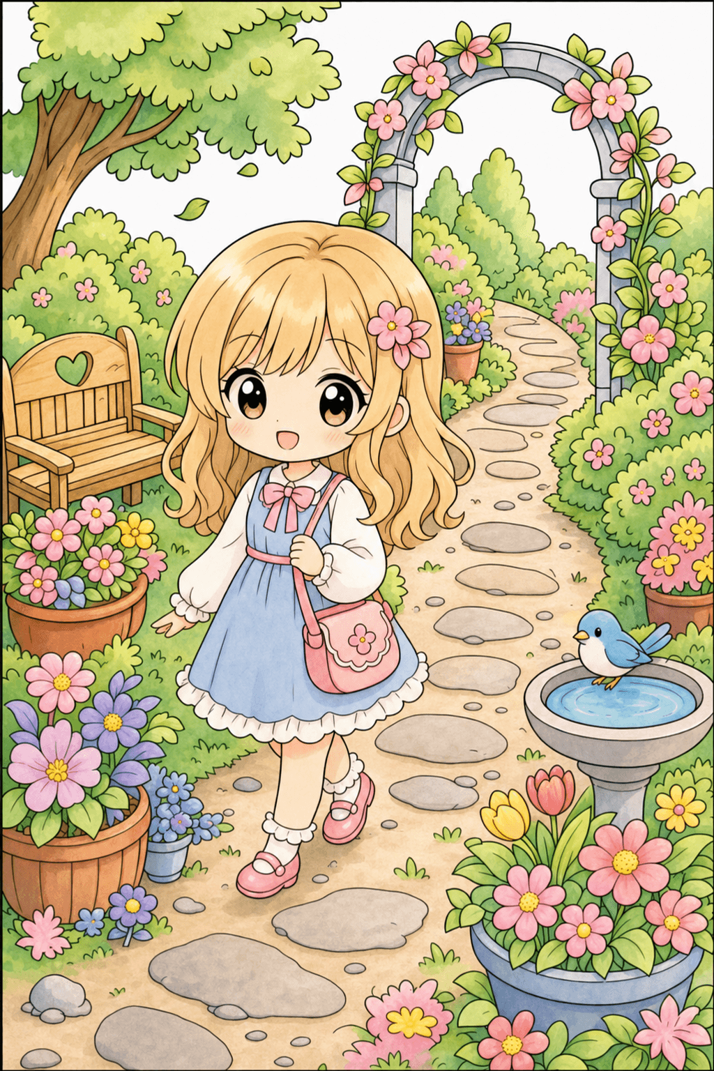Chibi Girl Walking Through a Flower Garden storybook colorized preview