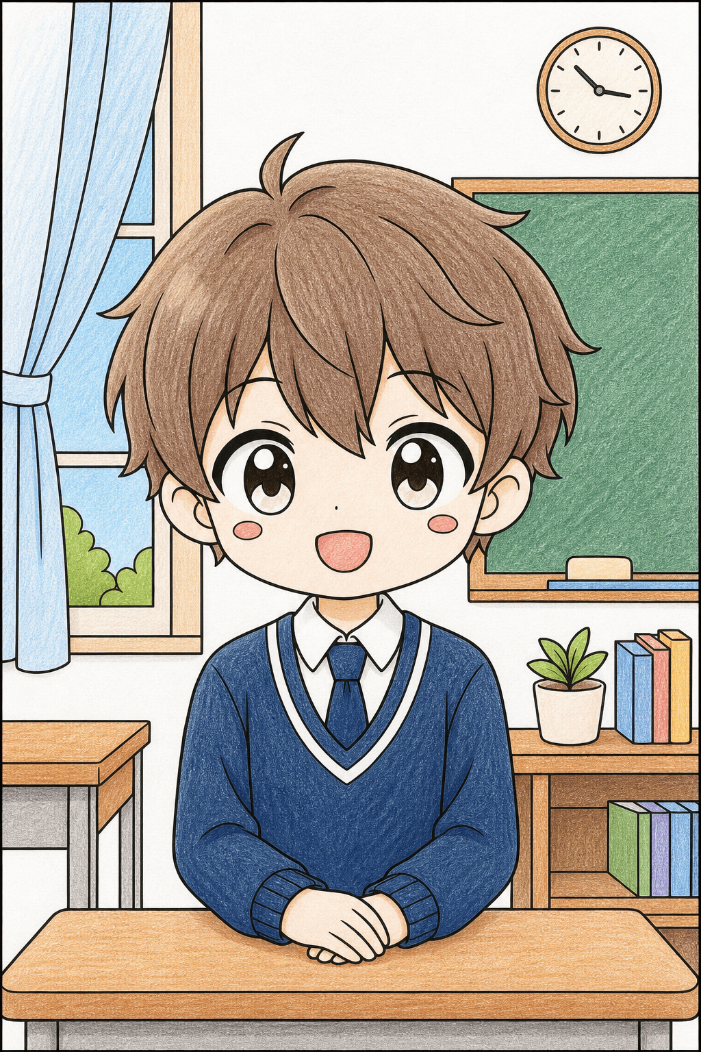 Chibi Student at a Classroom Desk colored-pencil colorized preview