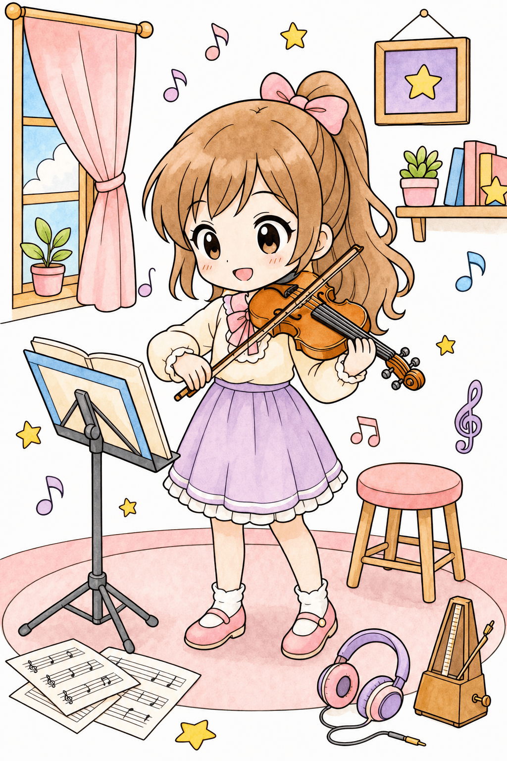 Chibi Girl Practicing Violin in a Music Room watercolor colorized preview