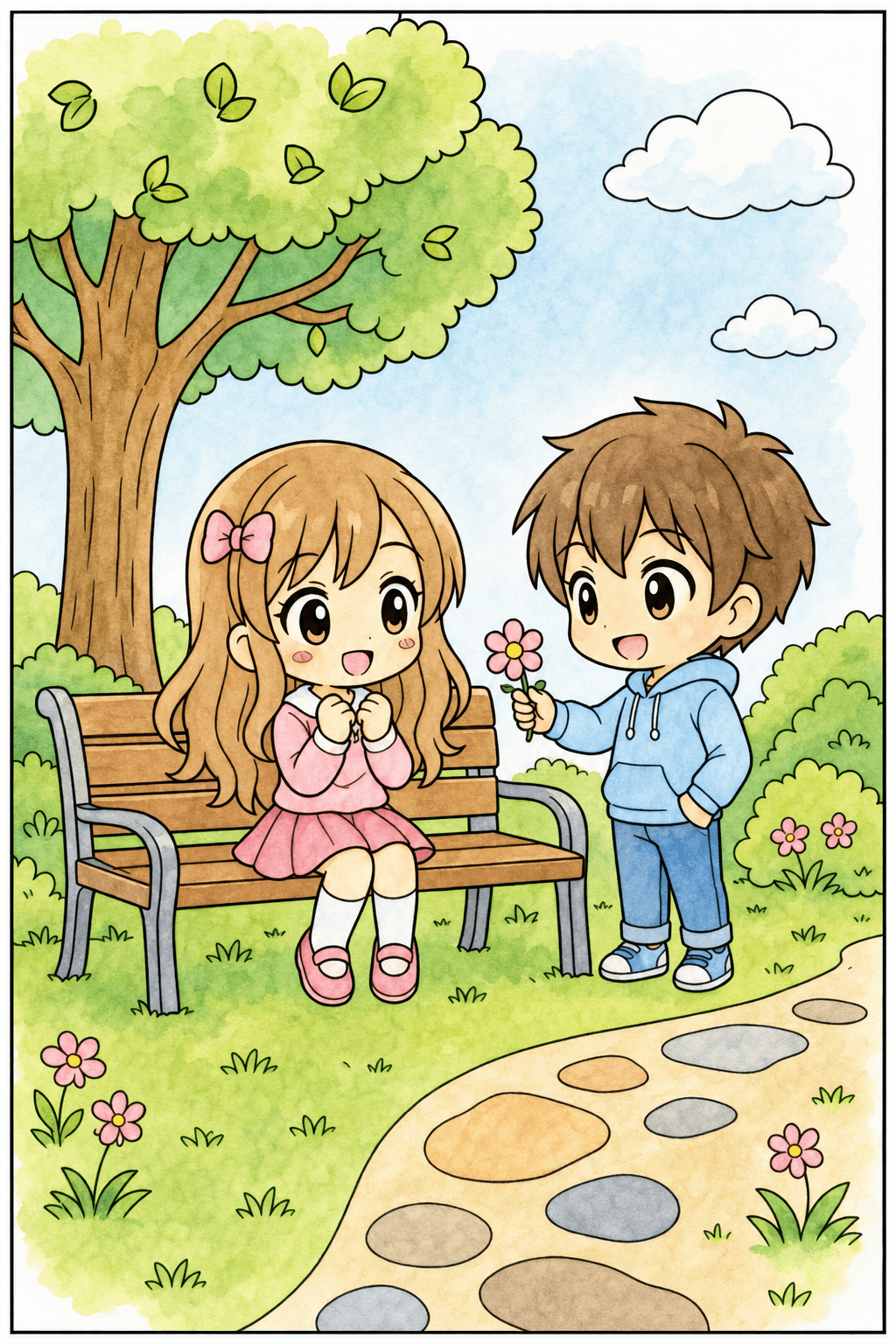 Chibi Boy Offering a Flower by a Park Bench watercolor colorized preview